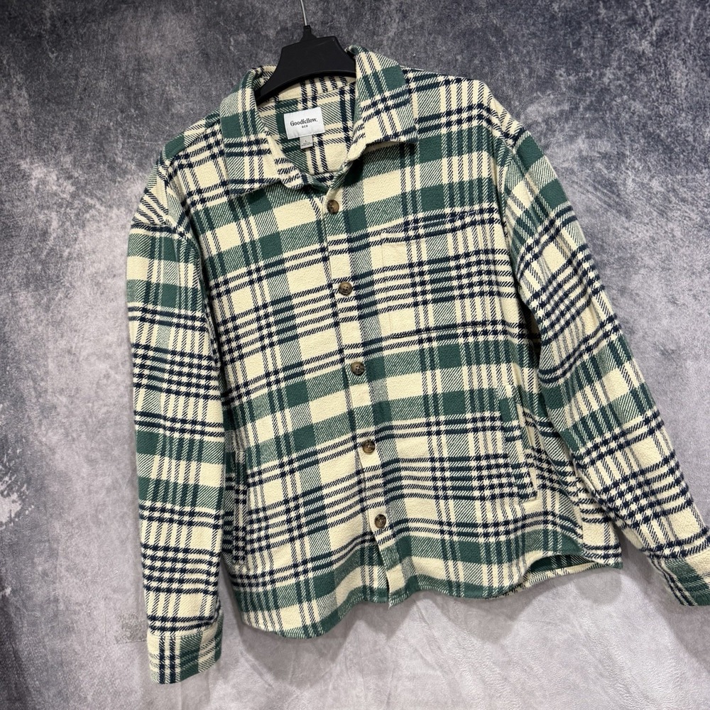 Goodfellow & Co Men’s Large Plaid Shirt Jacket Green Cream Navy Cotton Shacket